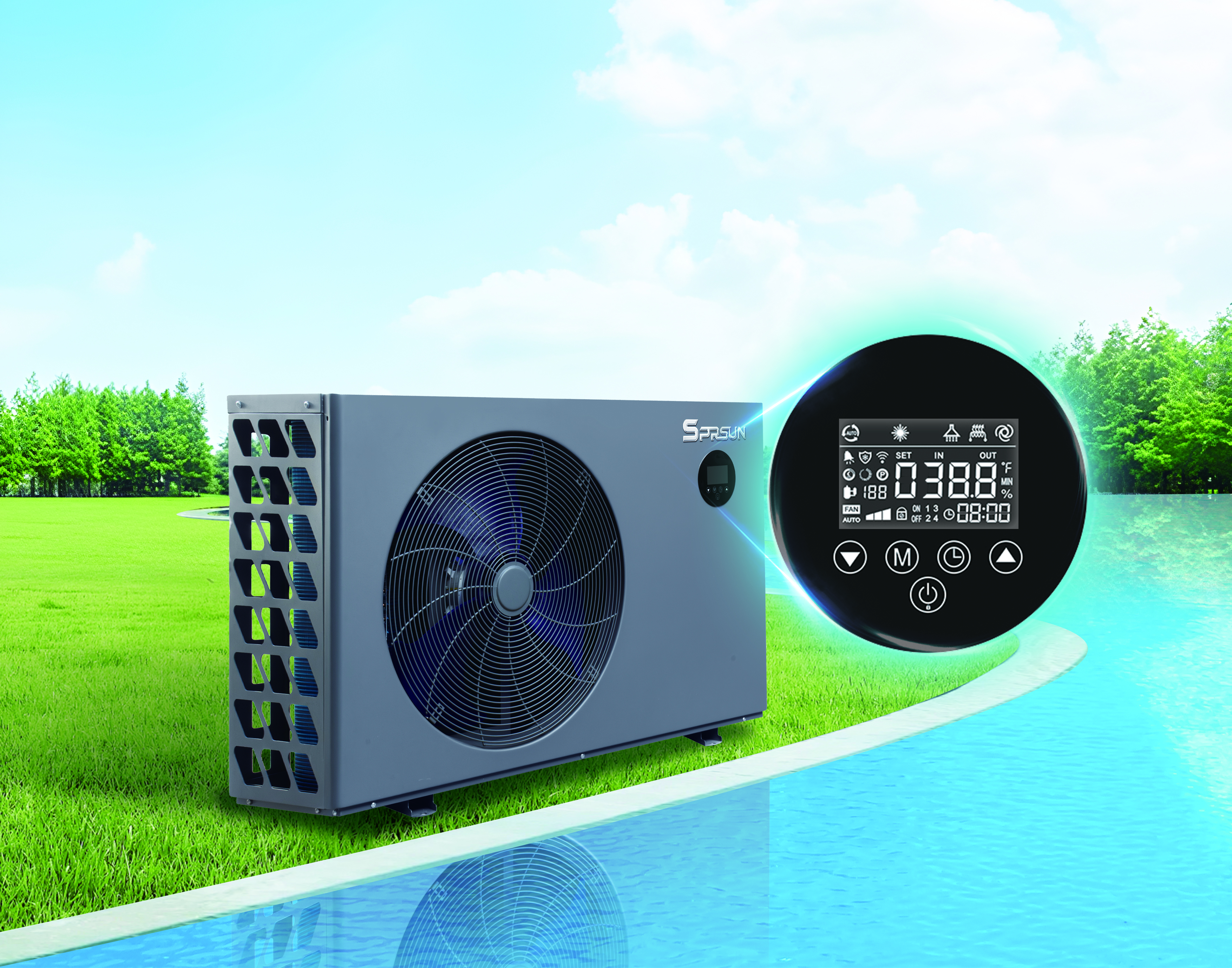 SPRSUN Tepeln&eacute; čerpadlo pro baz&eacute;n s dotykovou obrazovkou